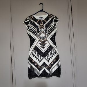 Express Black, White, and Gold Sequin Mini Dress